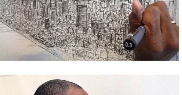 Stephen Wiltshire Draws A Panorama Of NYC From Memory After A Helicopter Ride Over Manhattan