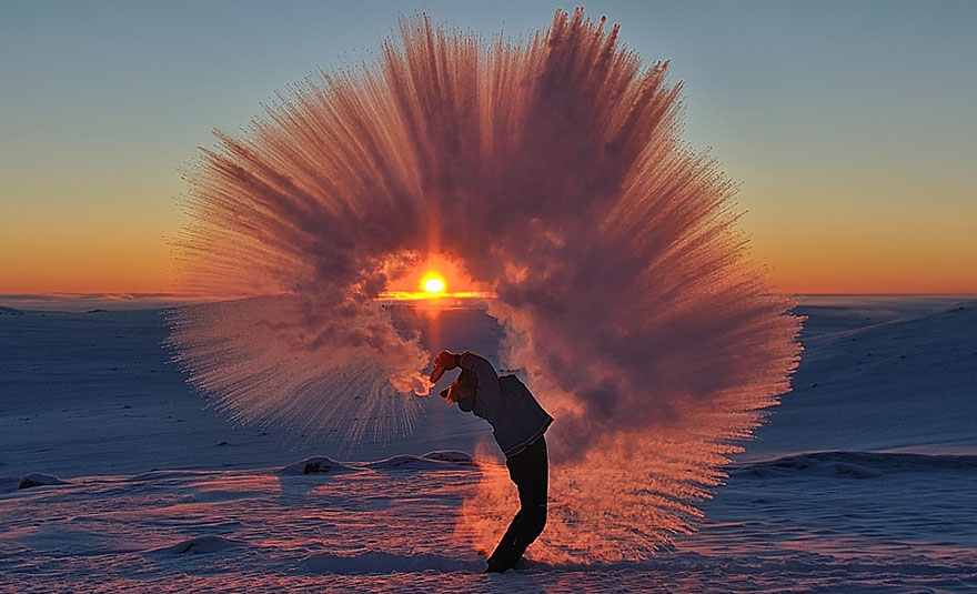 Pouring Hot Tea At -40C Near The Arctic Circle During Sunset